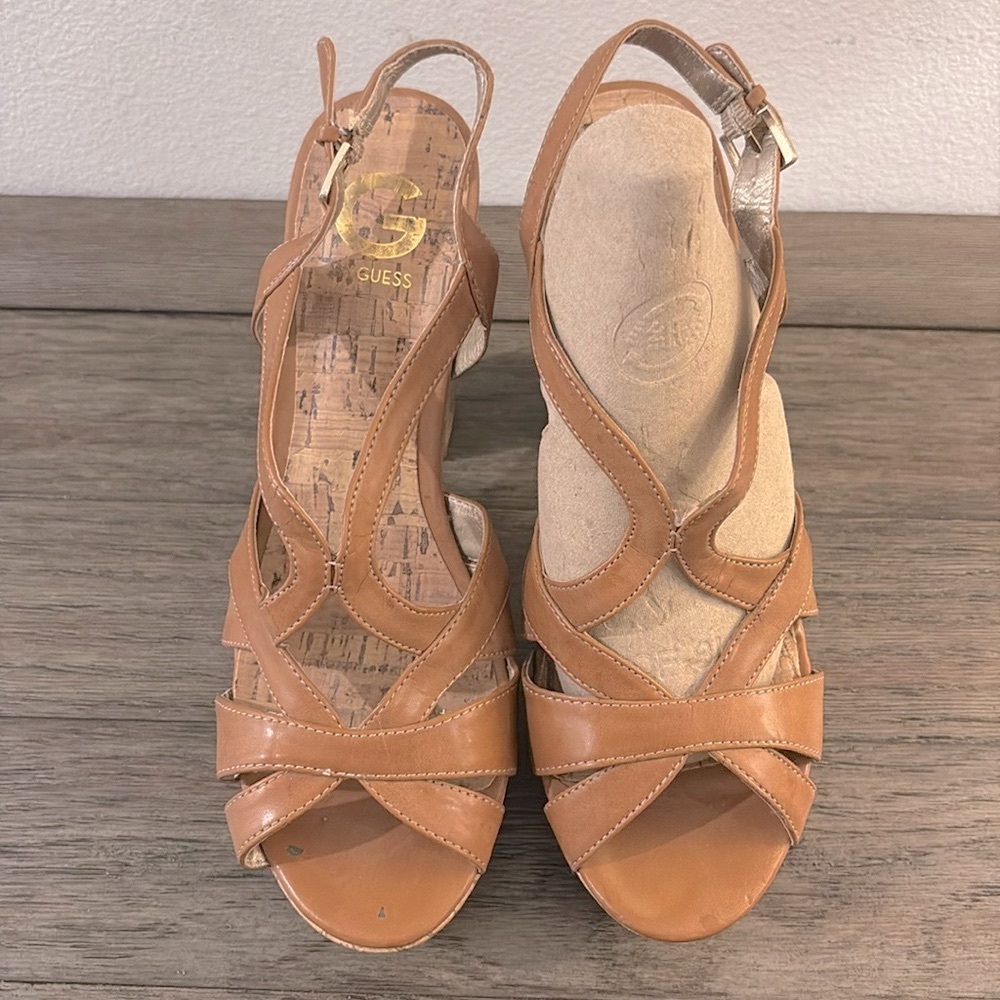 ❌SOLD❌ [G By Guess] Camel Cork Open-Toe Block Heel Platform Sandals Women’s 10.0 - Picture 2 of 13